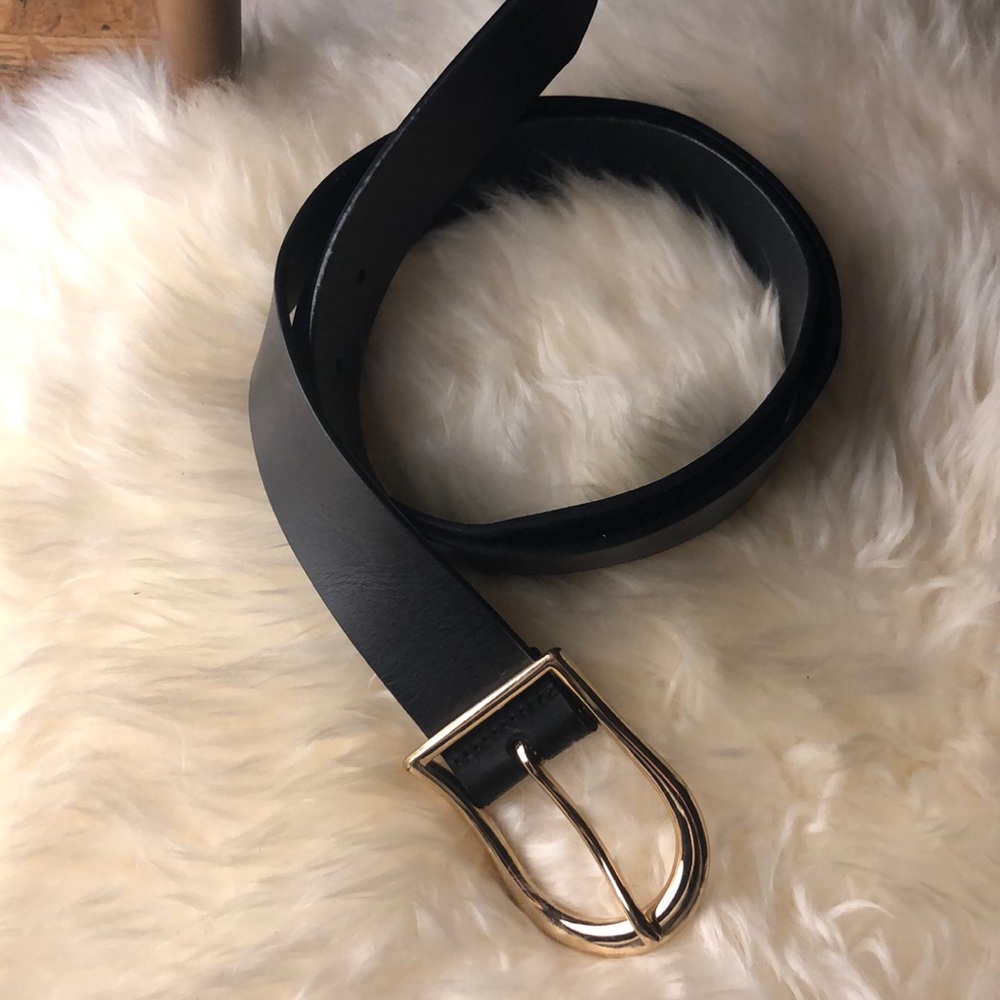 Black Italian Leather Belt with Gold Buckle
